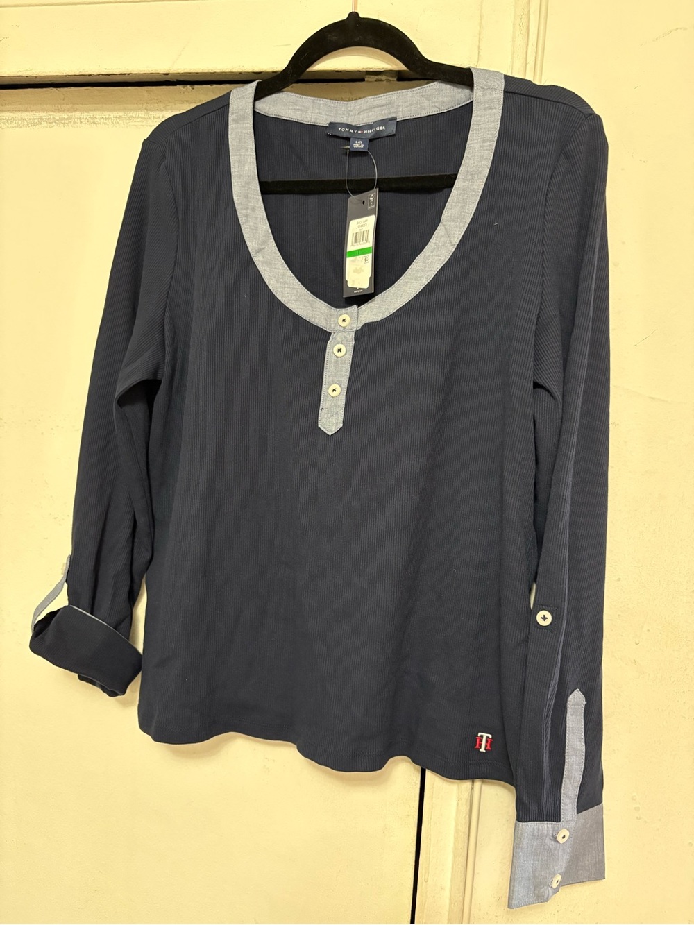 Tommy Hilfiger Navy Long-Sleeve Henley with Light Chambray Trim